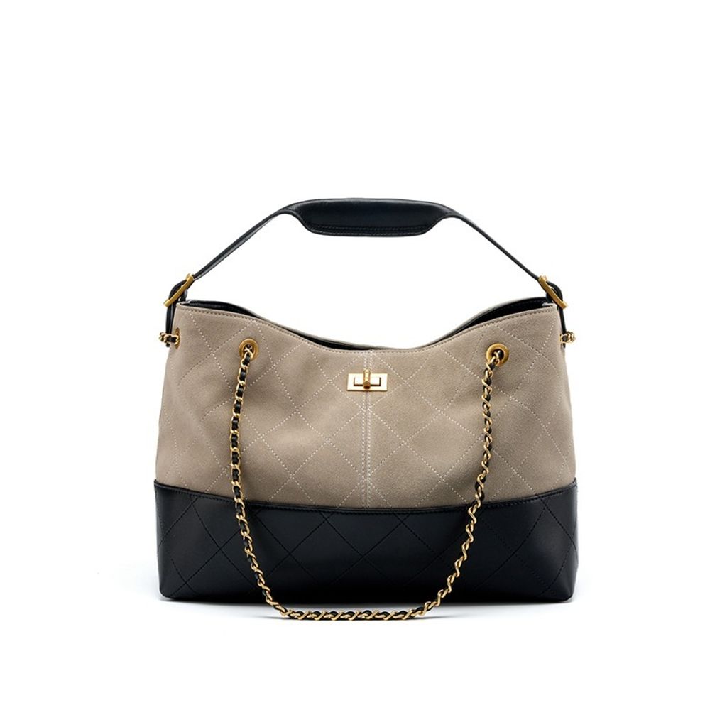 Premium Genuine Leather Two-Tone Chain Bucket Bag – Gray