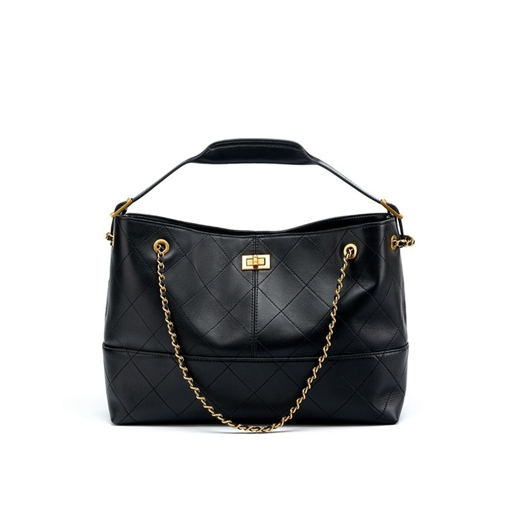Premium Genuine Leather Two-Tone Chain Bucket Bag – Black