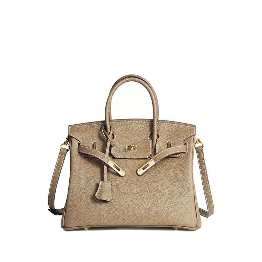 Premium Togo Leather Structured Top Handle Bag – Khaki
