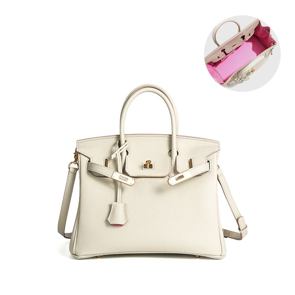 Premium Togo Leather Structured Top Handle Bag – Pearl Gray with Pink