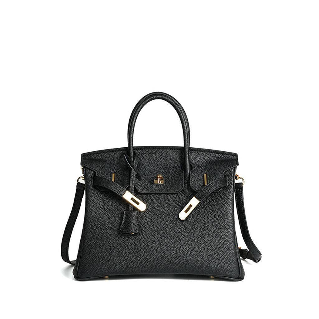 Premium Togo Leather Structured Top Handle Bag – Black