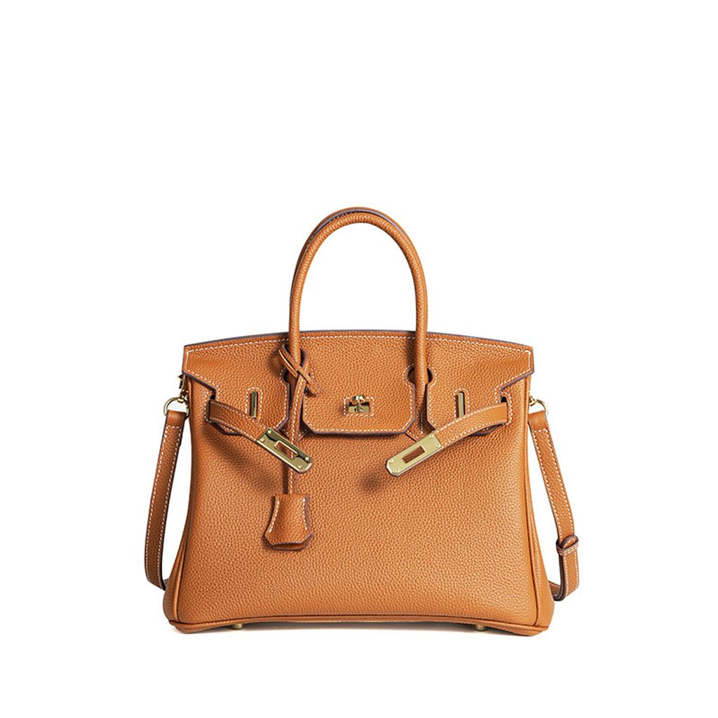 Premium Togo Leather Structured Top Handle Bag – Golden Brown
