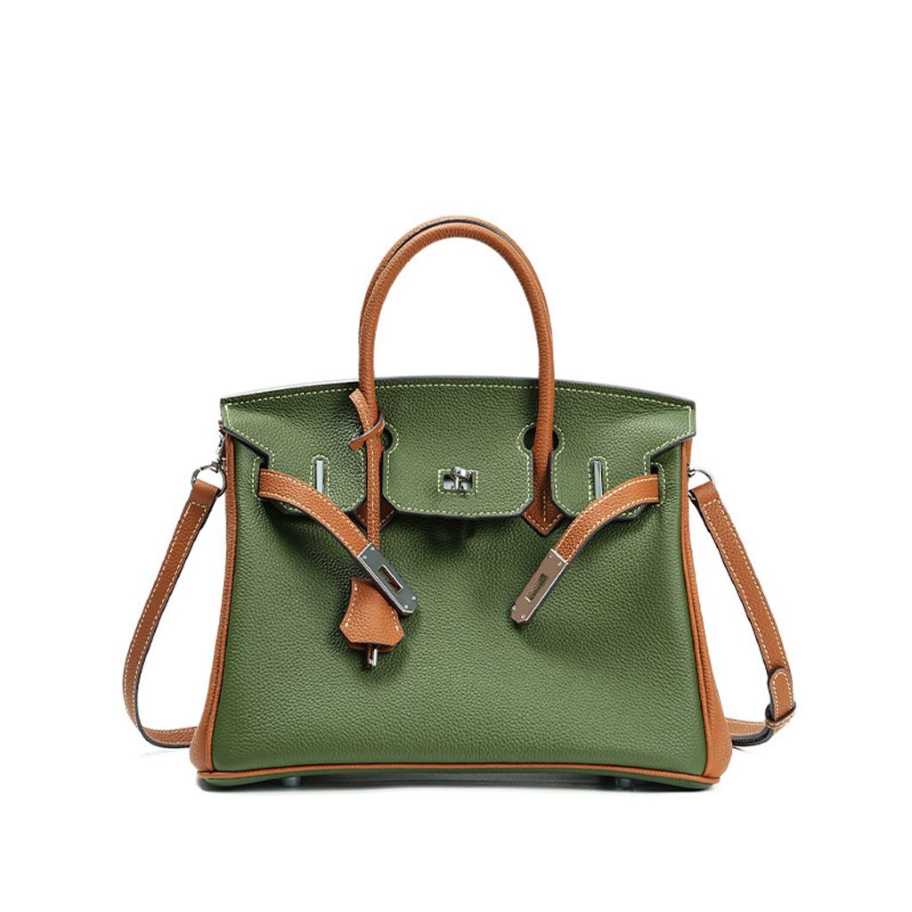 Premium Togo Leather Structured Two-Tone Top Handle Bag – 30cm in Silk Green and Golden Brown