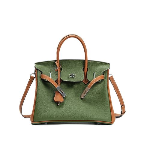 Premium Togo Leather Structured Two-Tone Top Handle Bag – 30cm in Silk Green and Golden Brown