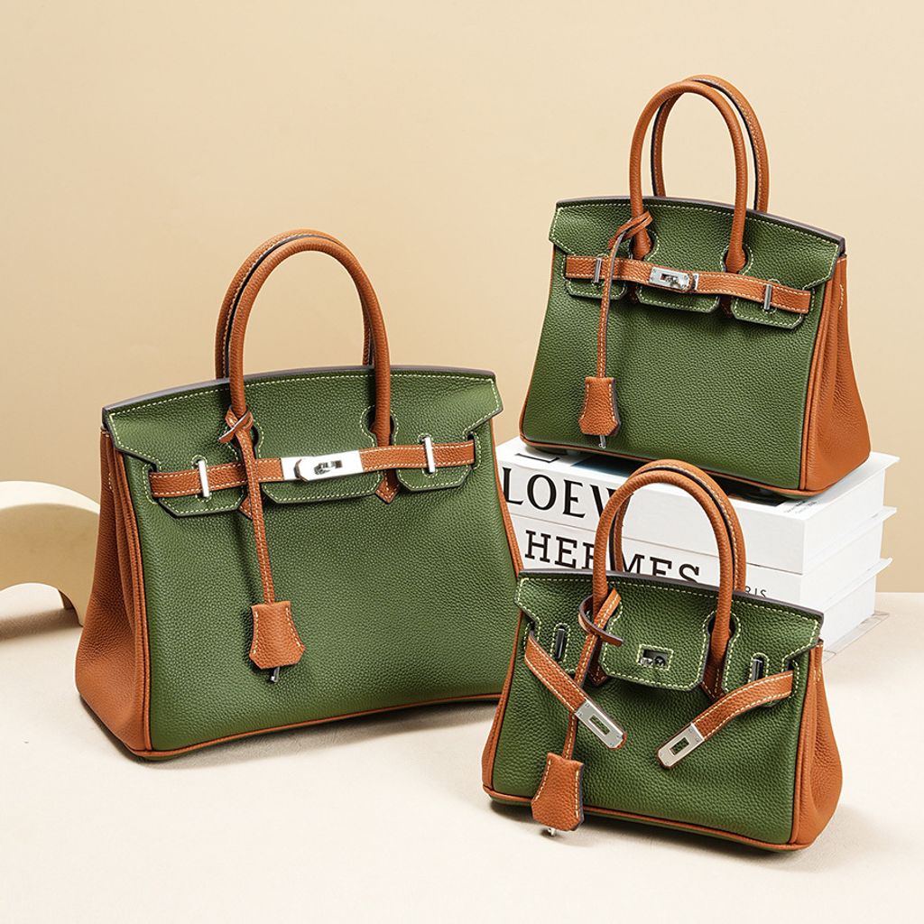 Premium Togo Leather Structured Two-Tone Top Handle Bag in 3 Sizes – Lifestyle Image