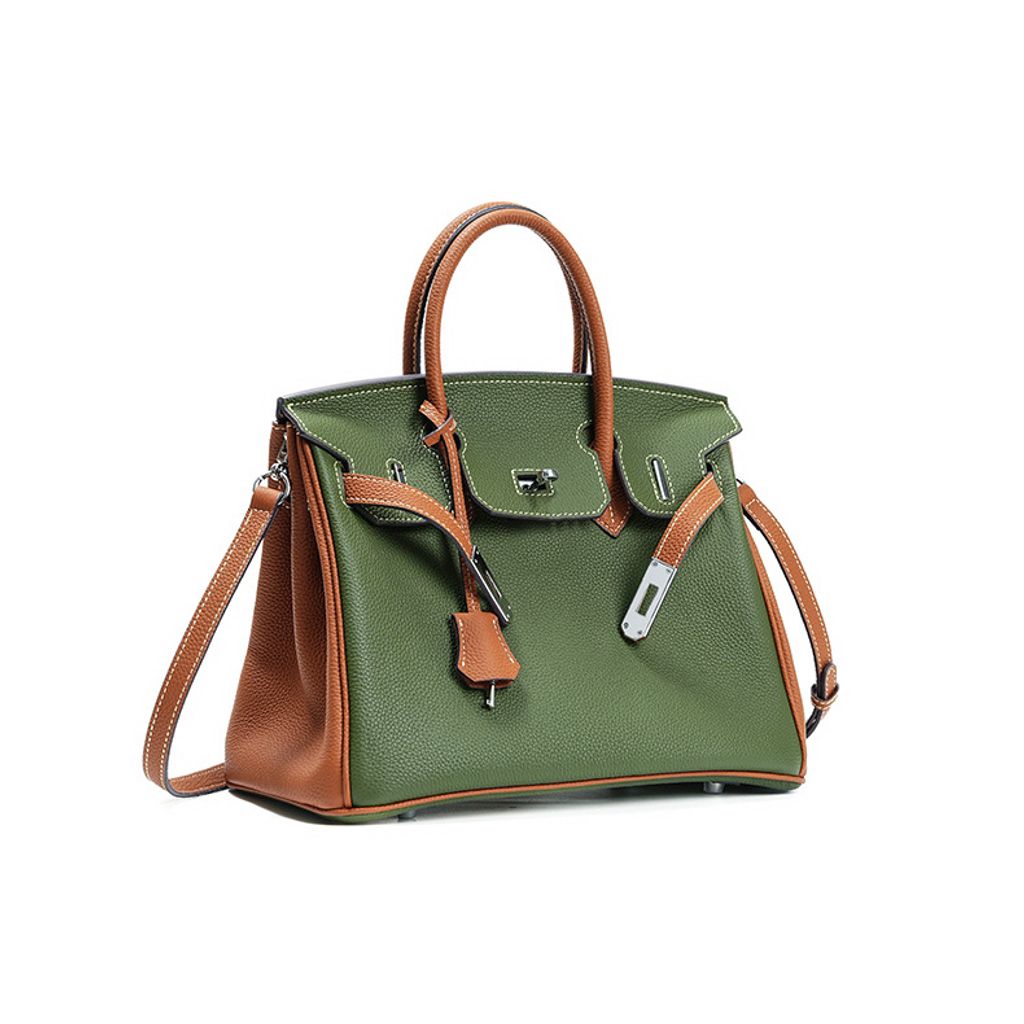 Premium Togo Leather Structured Two-Tone Top Handle Bag – Angled View
