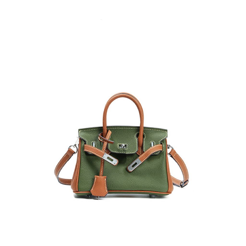 Premium Togo Leather Structured Two-Tone Top Handle Bag – 20cm in Silk Green and Golden Brown