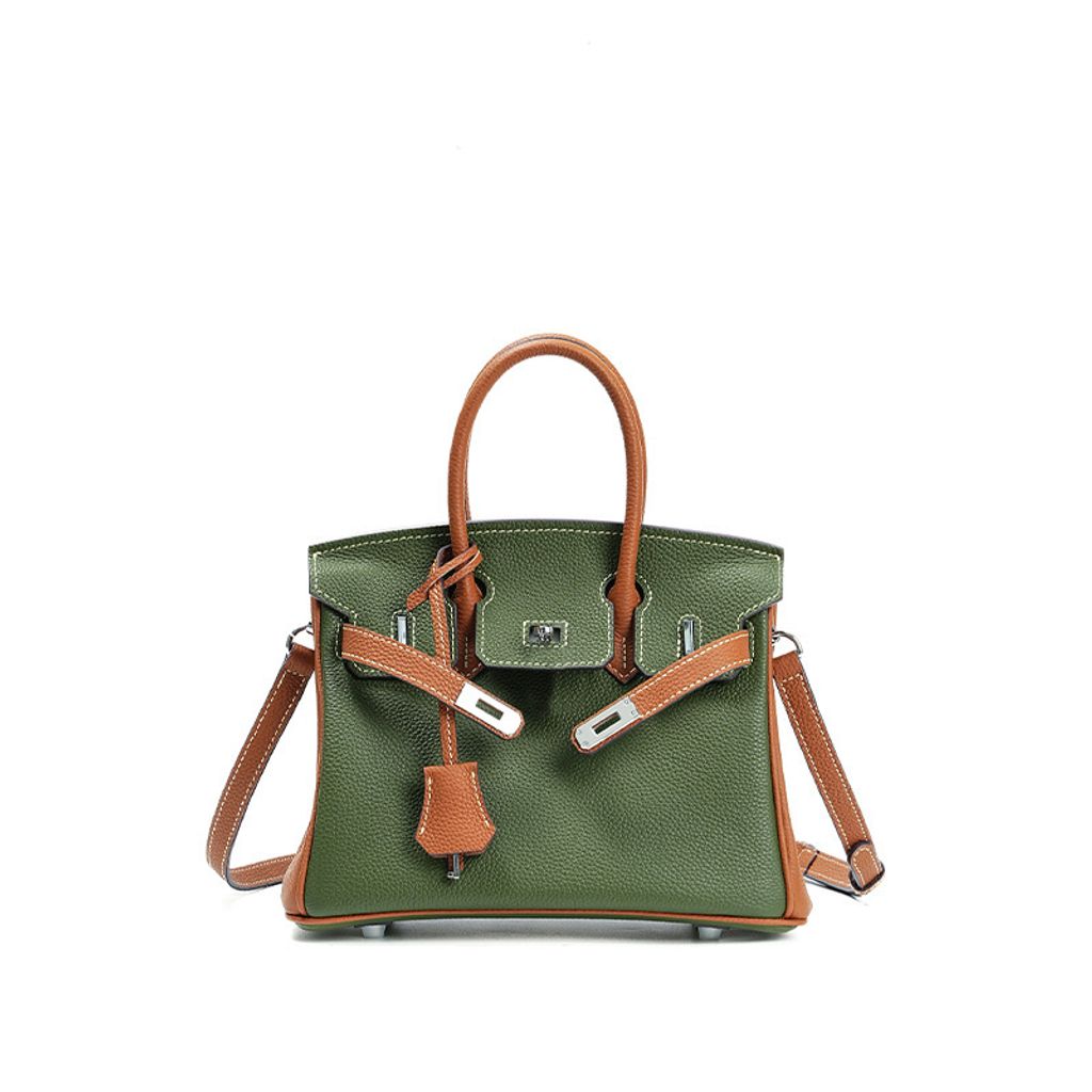 Premium Togo Leather Structured Two-Tone Top Handle Bag – 25cm in Silk Green and Golden Brown