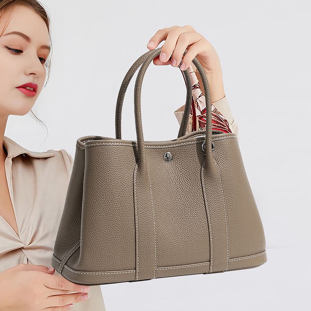 Model with Premium Togo Leather Structured Tote Bag in Khaki