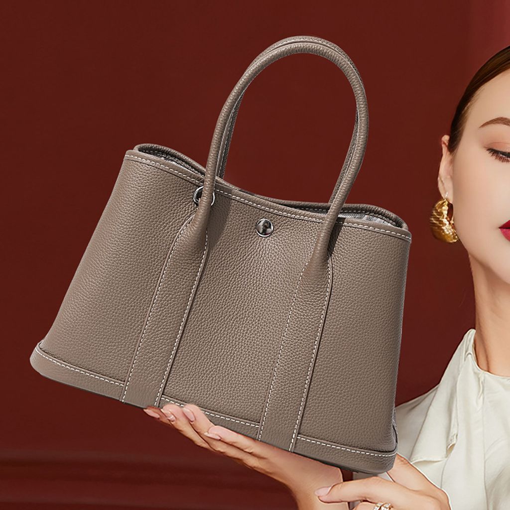 Model with Premium Togo Leather Structured Tote Bag in Khaki
