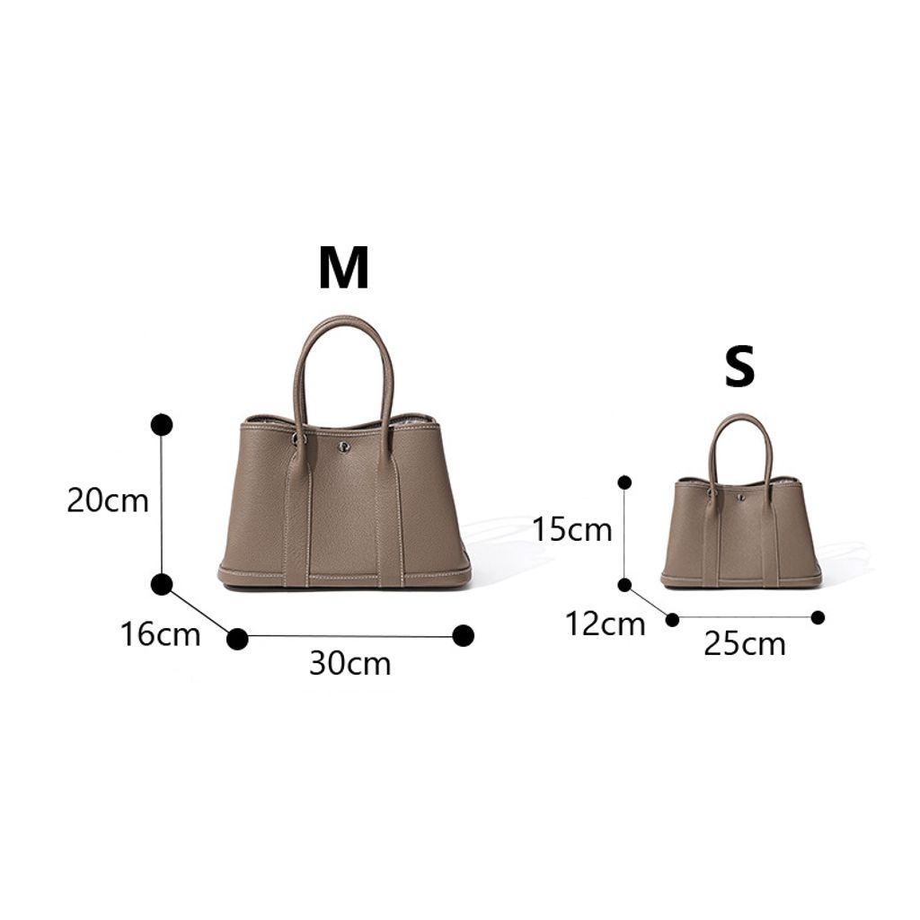 Dimension display of the premium Togo leather structured tote bag in medium and small sizes