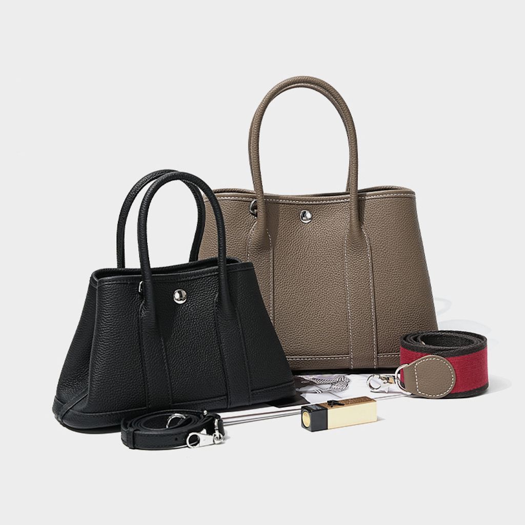 Premium Togo Leather Structured Tote Bag in Khaki and Black – stylish structured handbag lifestyle image