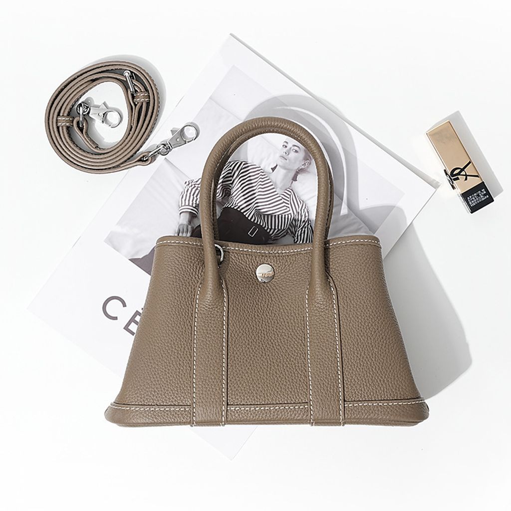 Premium Togo Leather Structured Tote Bag in Khaki – 25 cm (Small Size)