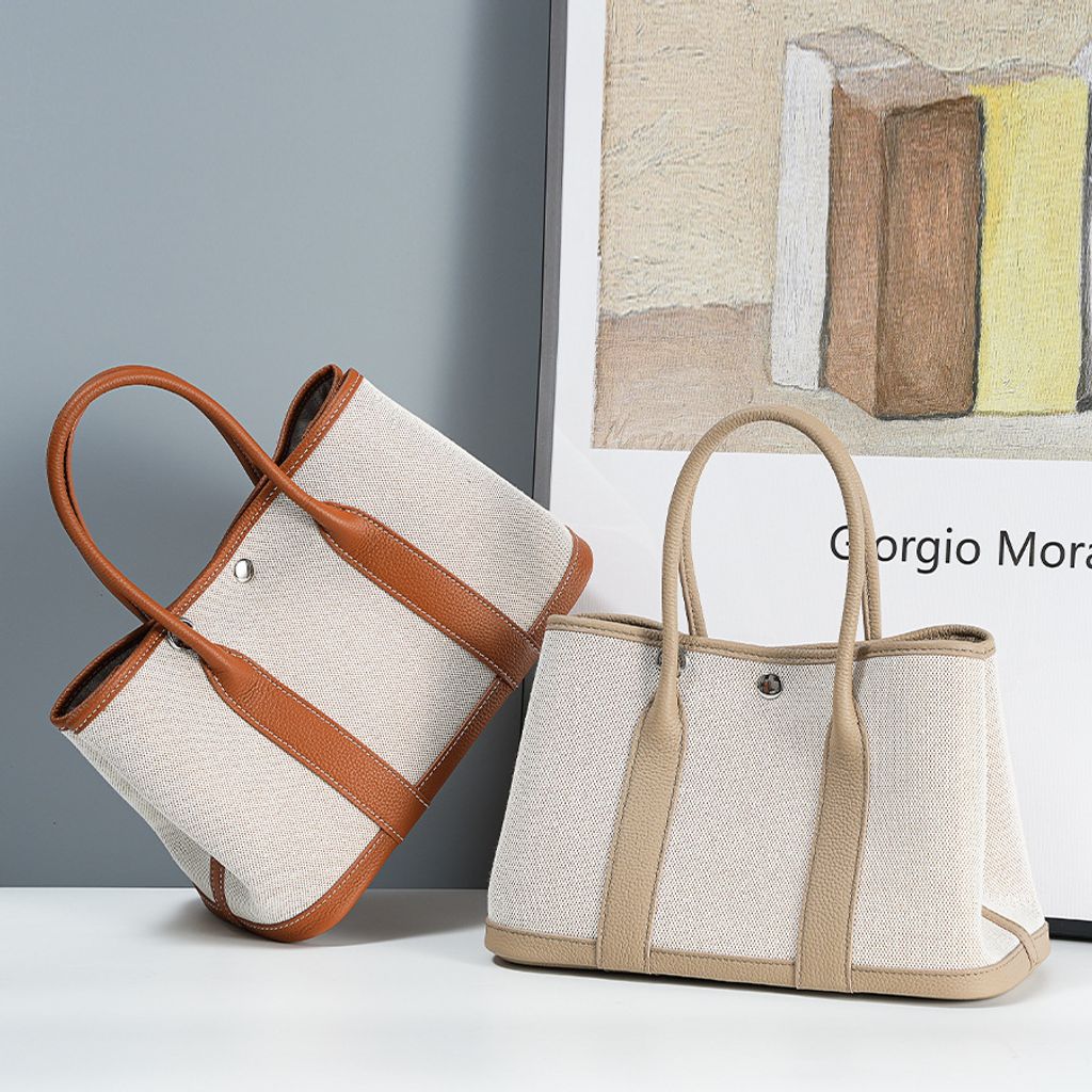 Premium Genuine Leather and Canvas Structured Tote Bag in Golden Brown and Elephant Gray
