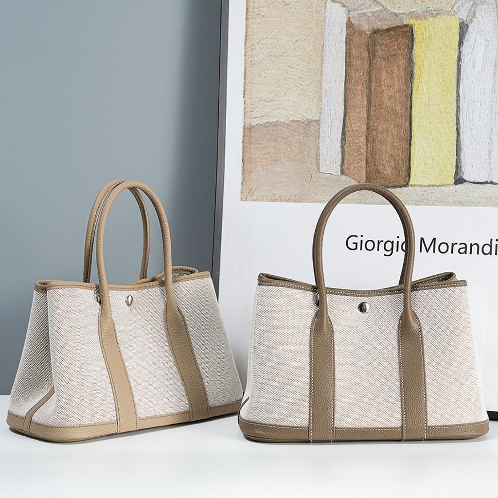 Premium Genuine Leather and Canvas Structured Tote Bag in Elephant Gray and Khaki