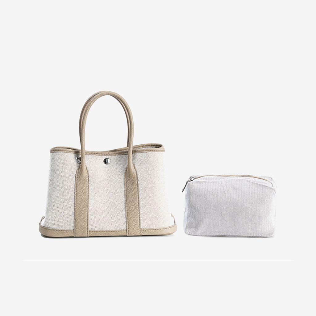 Premium Genuine Leather and Canvas Structured Tote Bag with Removable Inner Pouch