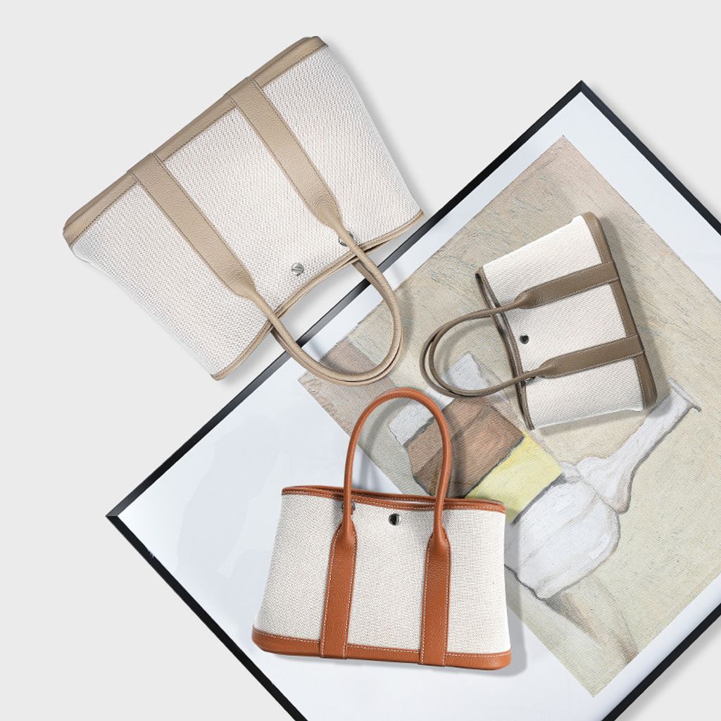 Premium Genuine Leather and Canvas Structured Tote Bags – Elephant Gray (L), Golden Brown (M), Khaki (S)
