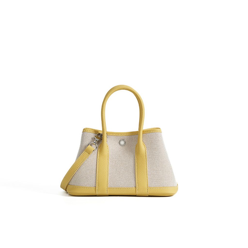 Premium Genuine Leather and Canvas Structured Tote Bag in Pastel Yellow – 25 cm (Small Size)