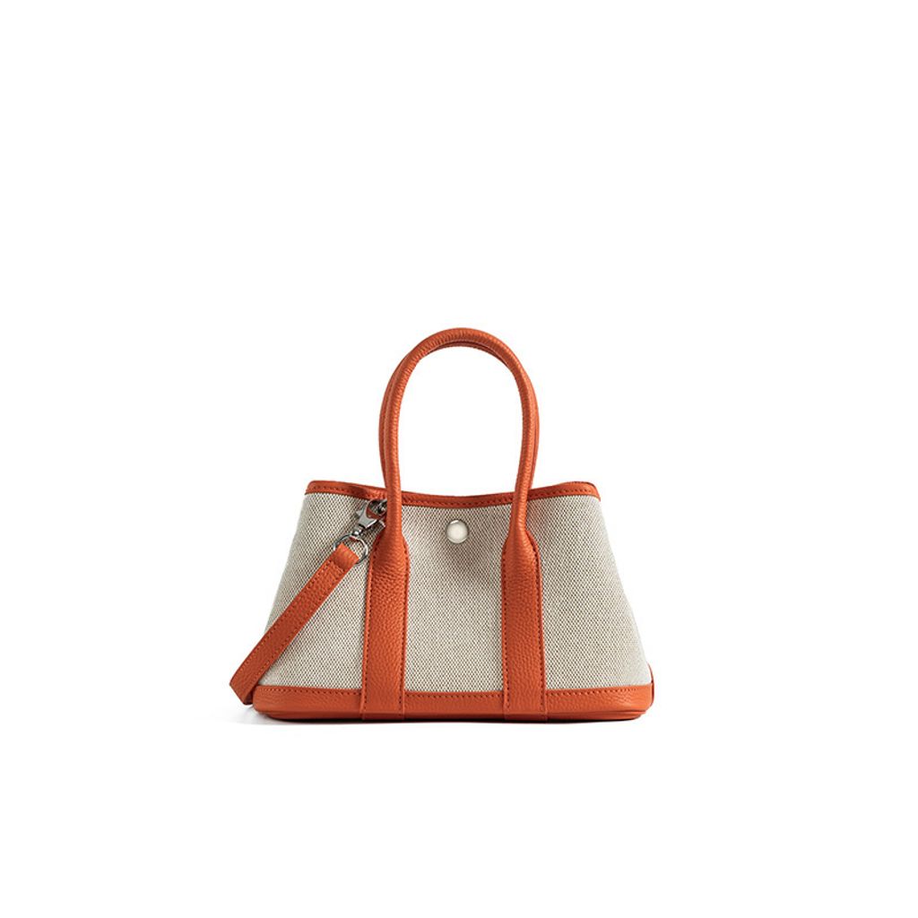 Premium Genuine Leather and Canvas Structured Tote Bag in Orange – 25 cm (Small Size)
