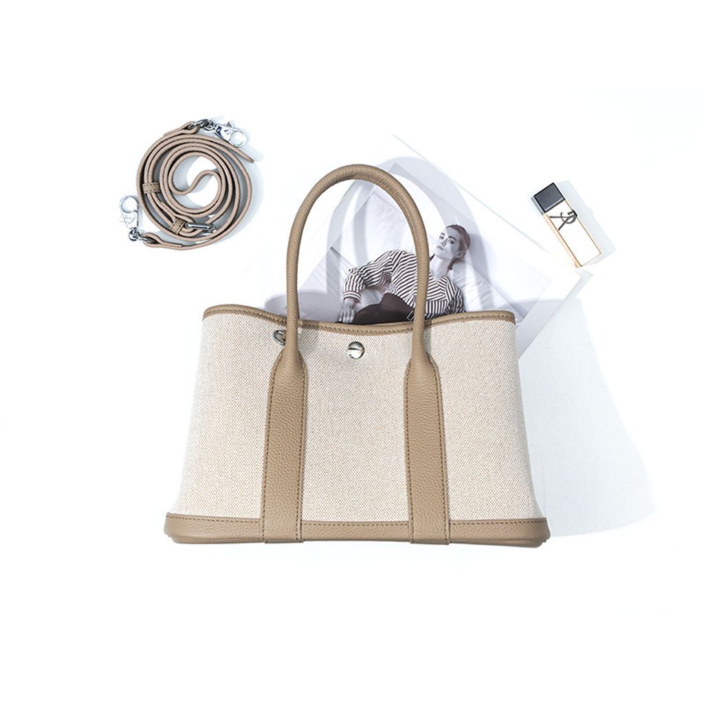 Premium Genuine Leather and Canvas Structured Tote Bag in Elephant Gray – 25 cm (Small Size)