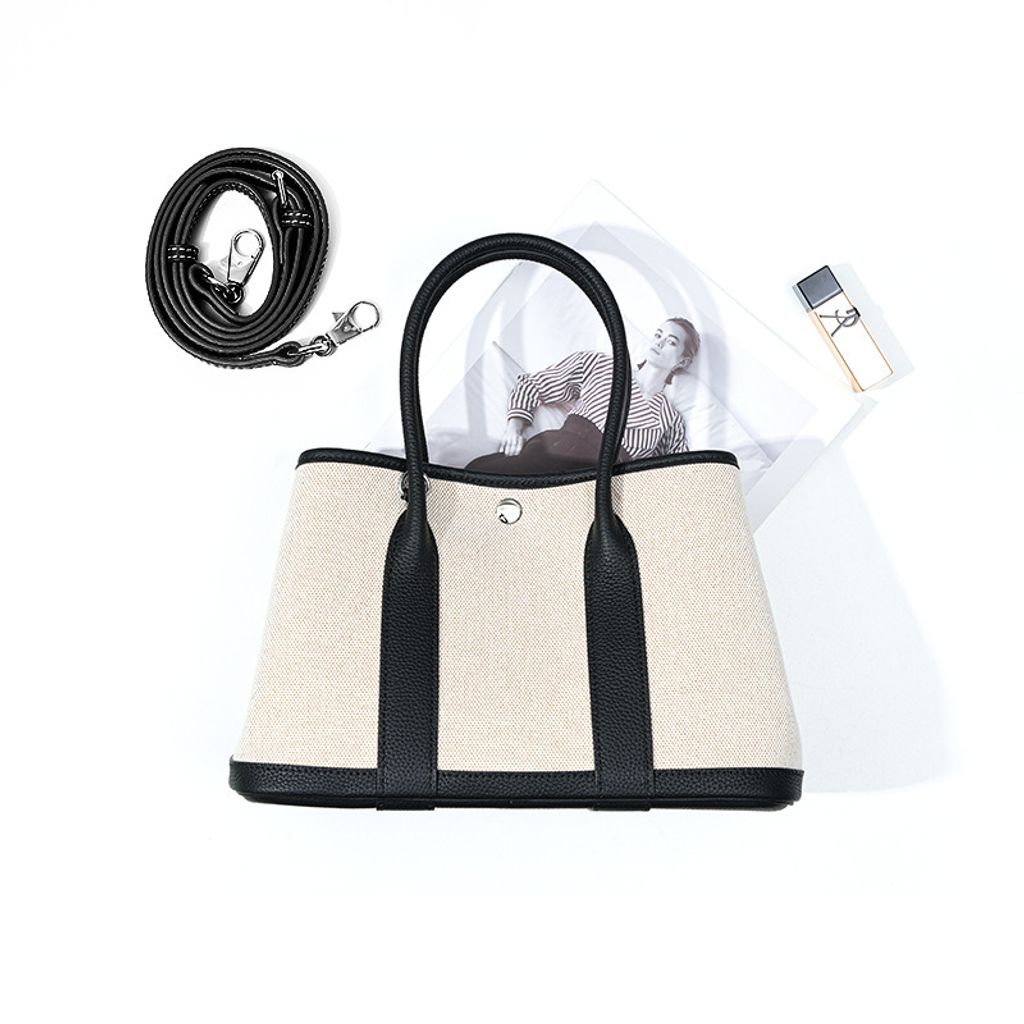 Premium Genuine Leather and Canvas Structured Tote Bag in Black – 25 cm (Small Size)