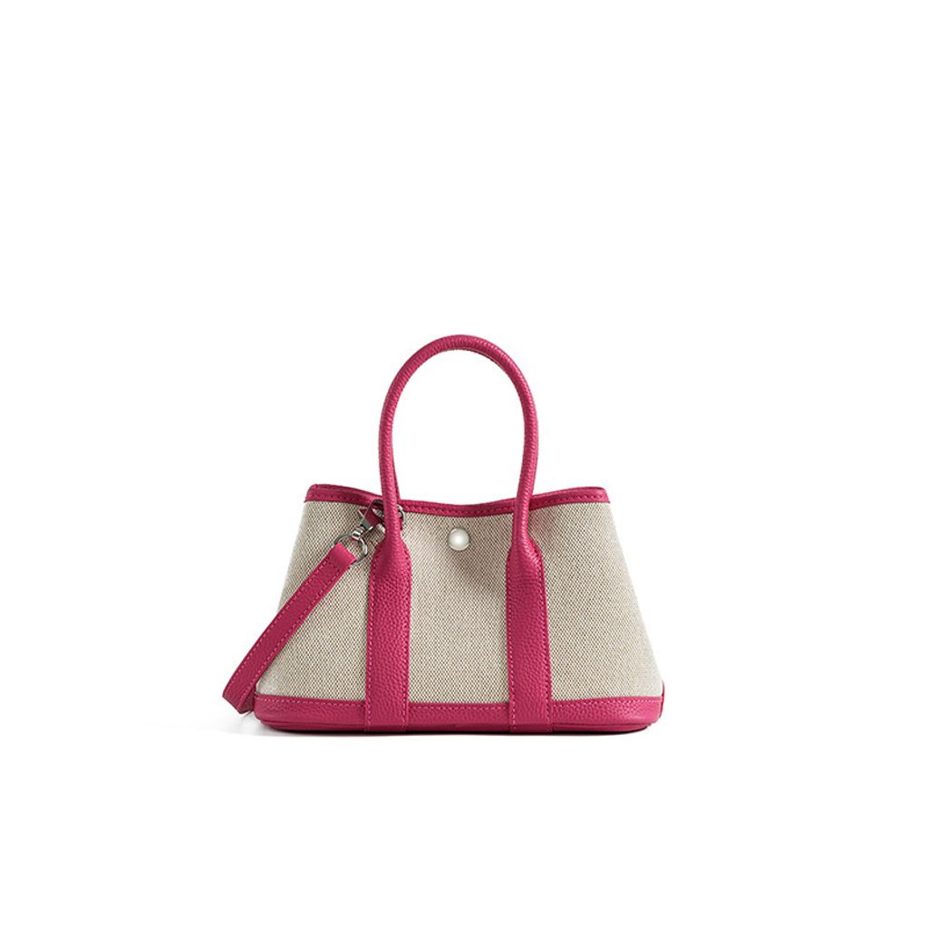 Premium Genuine Leather and Canvas Structured Tote Bag in Rose Red – 25 cm (Small Size)