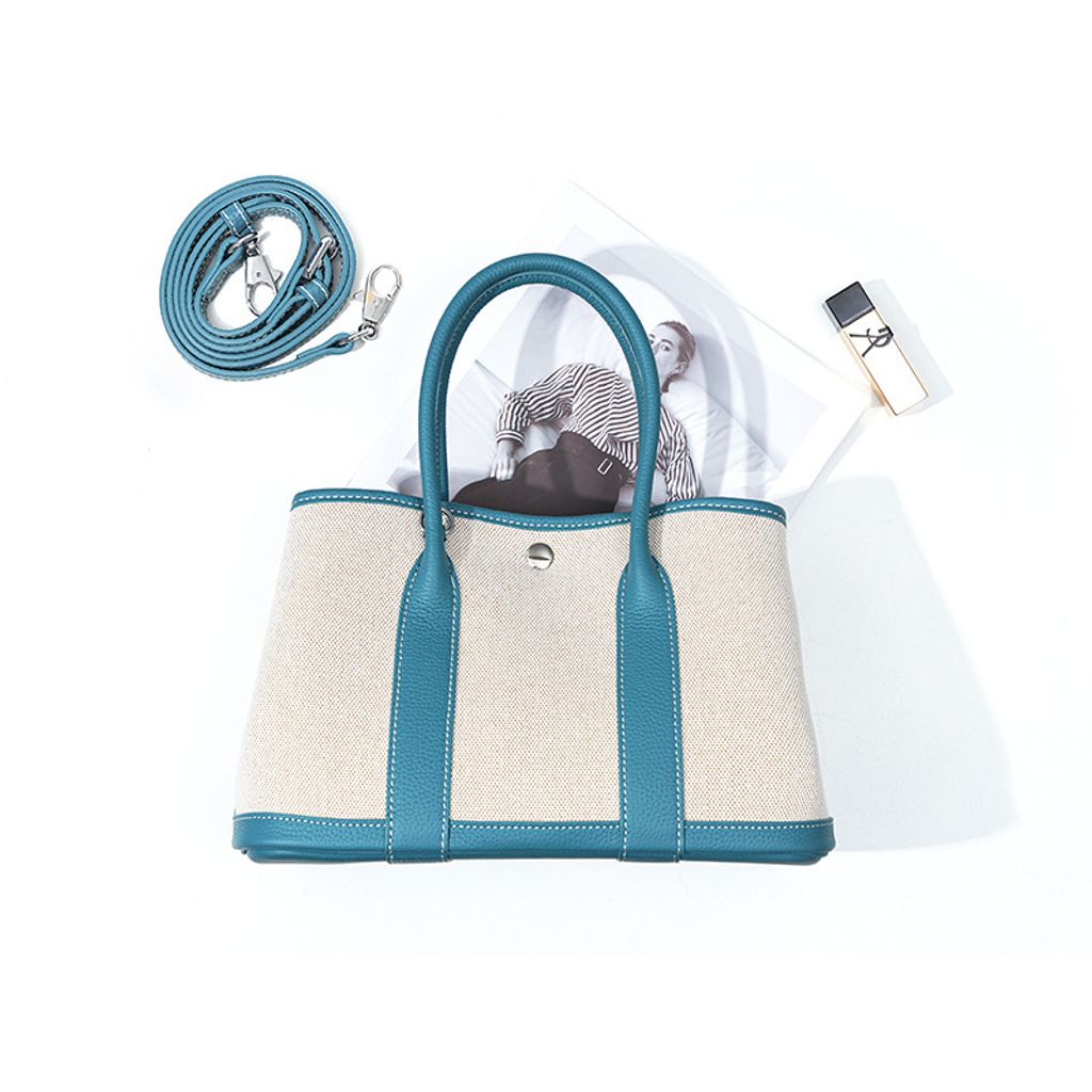 Premium Genuine Leather and Canvas Structured Tote Bag in Peacock Blue – 25 cm (Small Size)