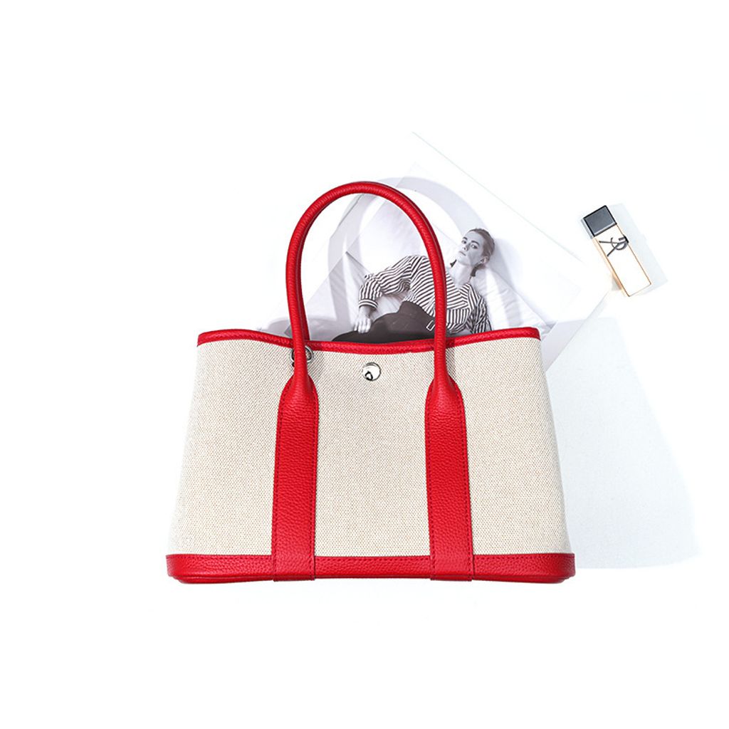 Premium Genuine Leather and Canvas Structured Tote Bag in Bright Red – 25 cm (Small Size)