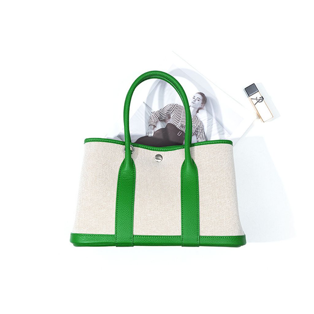 Premium Genuine Leather and Canvas Structured Tote Bag in Bamboo Green – 25 cm (Small Size)