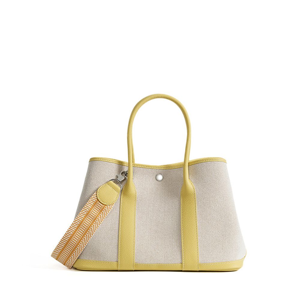 Premium Genuine Leather and Canvas Structured Tote Bag in Pastel Yellow – 30 cm (Medium Size)