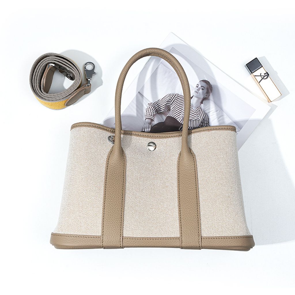 Premium Genuine Leather and Canvas Structured Tote Bag in Elephant Gray – 36 cm (Large Size), 30 cm (Medium Size)