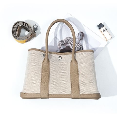 Premium Genuine Leather and Canvas Structured Tote Bag in Elephant Gray – 36 cm (Large Size), 30 cm (Medium Size)