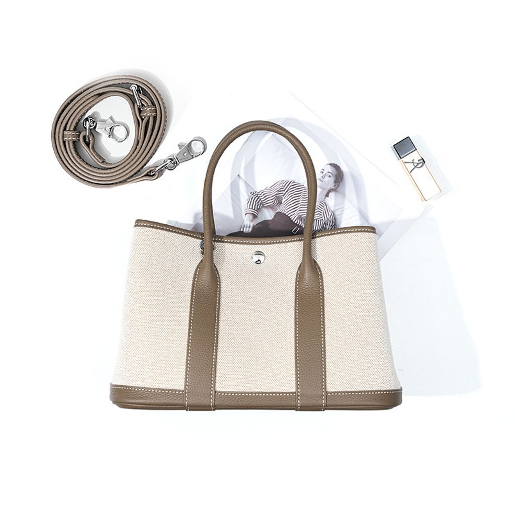 Premium Genuine Leather and Canvas Structured Tote Bag in Khaki – 25 cm (Small Size)