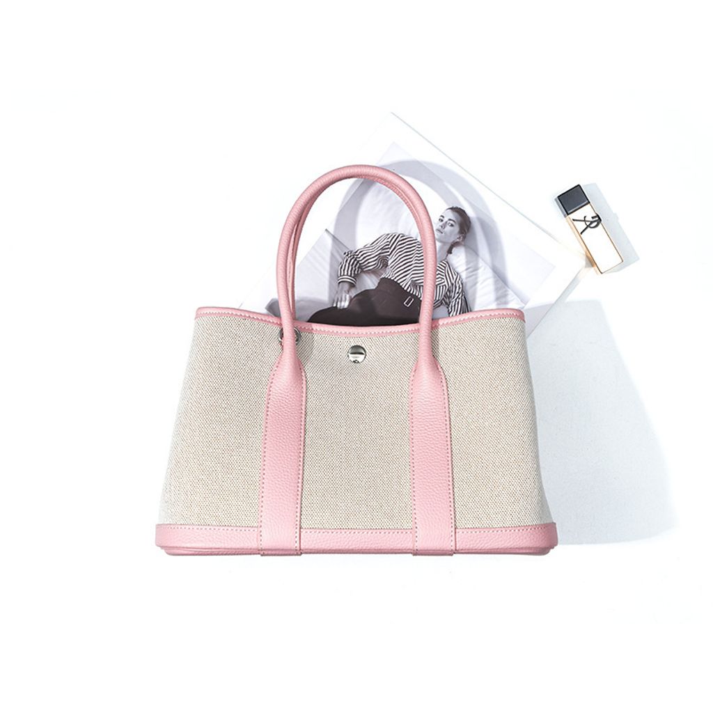 Premium Genuine Leather and Canvas Structured Tote Bag in 3Q Pink – 25 cm (Small Size)