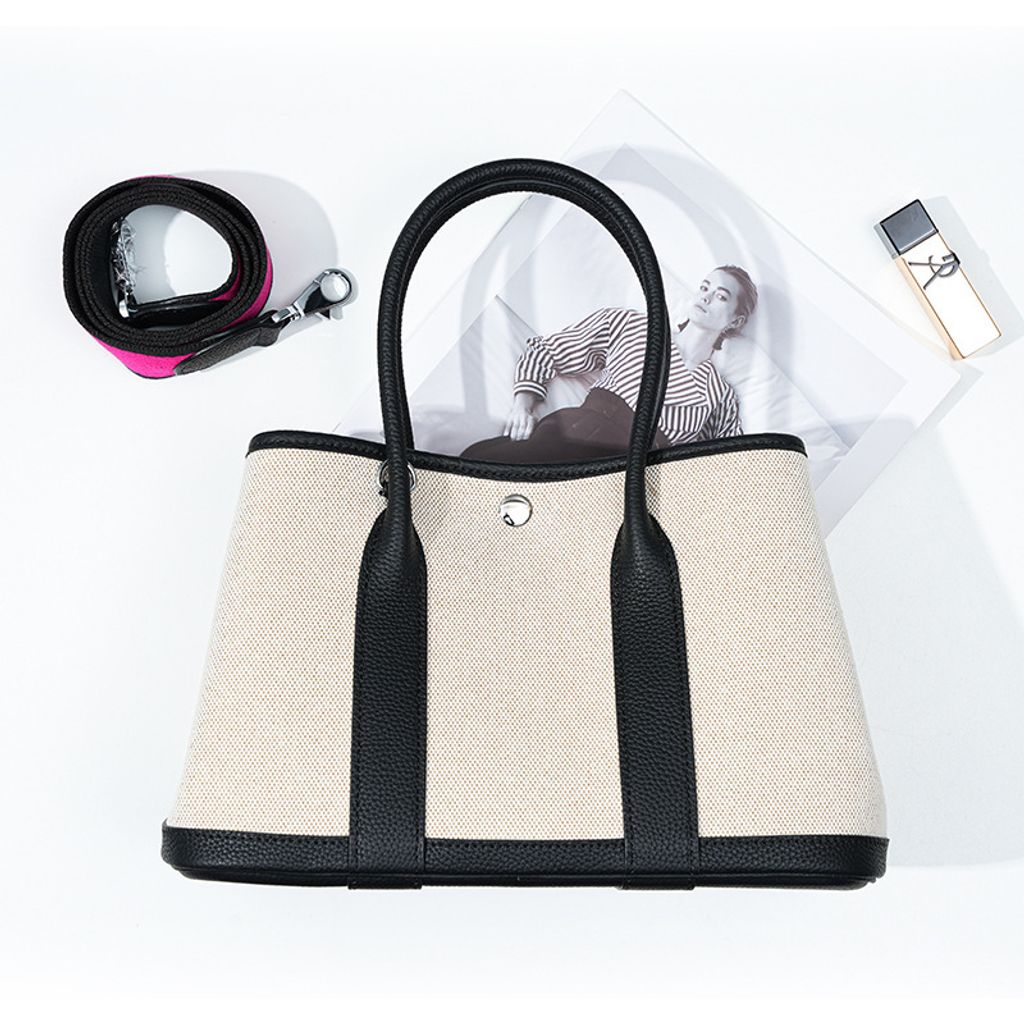 Premium Genuine Leather and Canvas Structured Tote Bag in Black – 36 cm (Large Size), 30 cm (Medium Size)