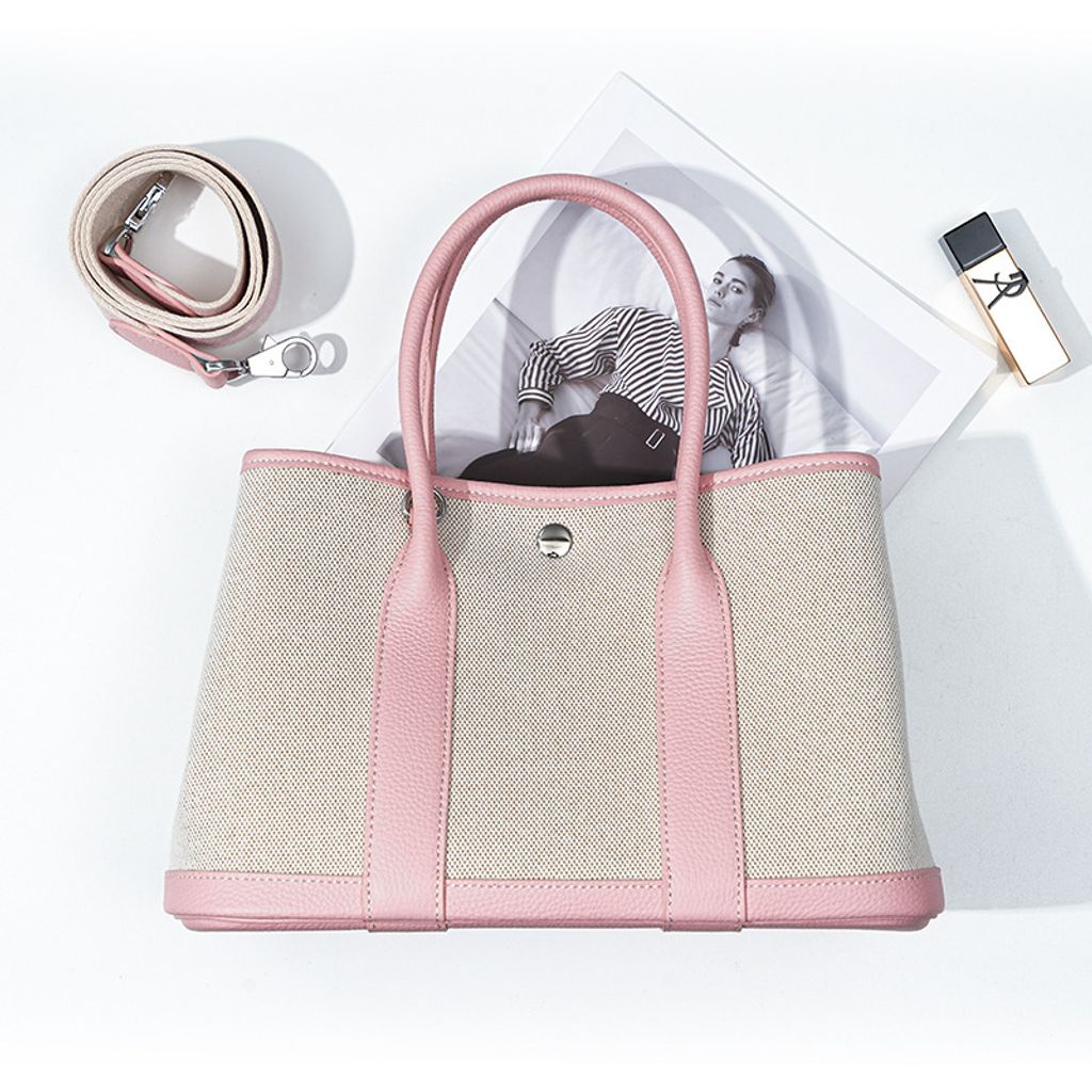 Premium Genuine Leather and Canvas Structured Tote Bag in 3Q Pink – 36 cm (Large Size), 30 cm (Medium Size)