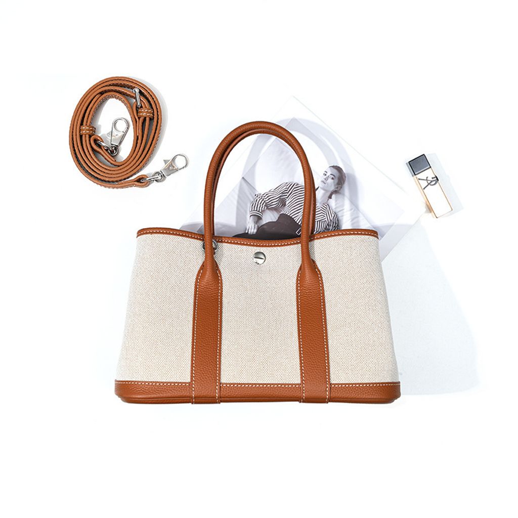 Premium Genuine Leather and Canvas Structured Tote Bag in Golden Brown – 25 cm (Small Size)