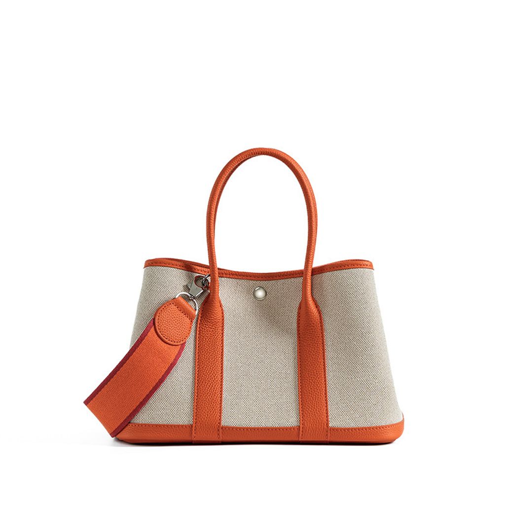 Premium Genuine Leather and Canvas Structured Tote Bag in Orange – 30 cm (Medium Size)