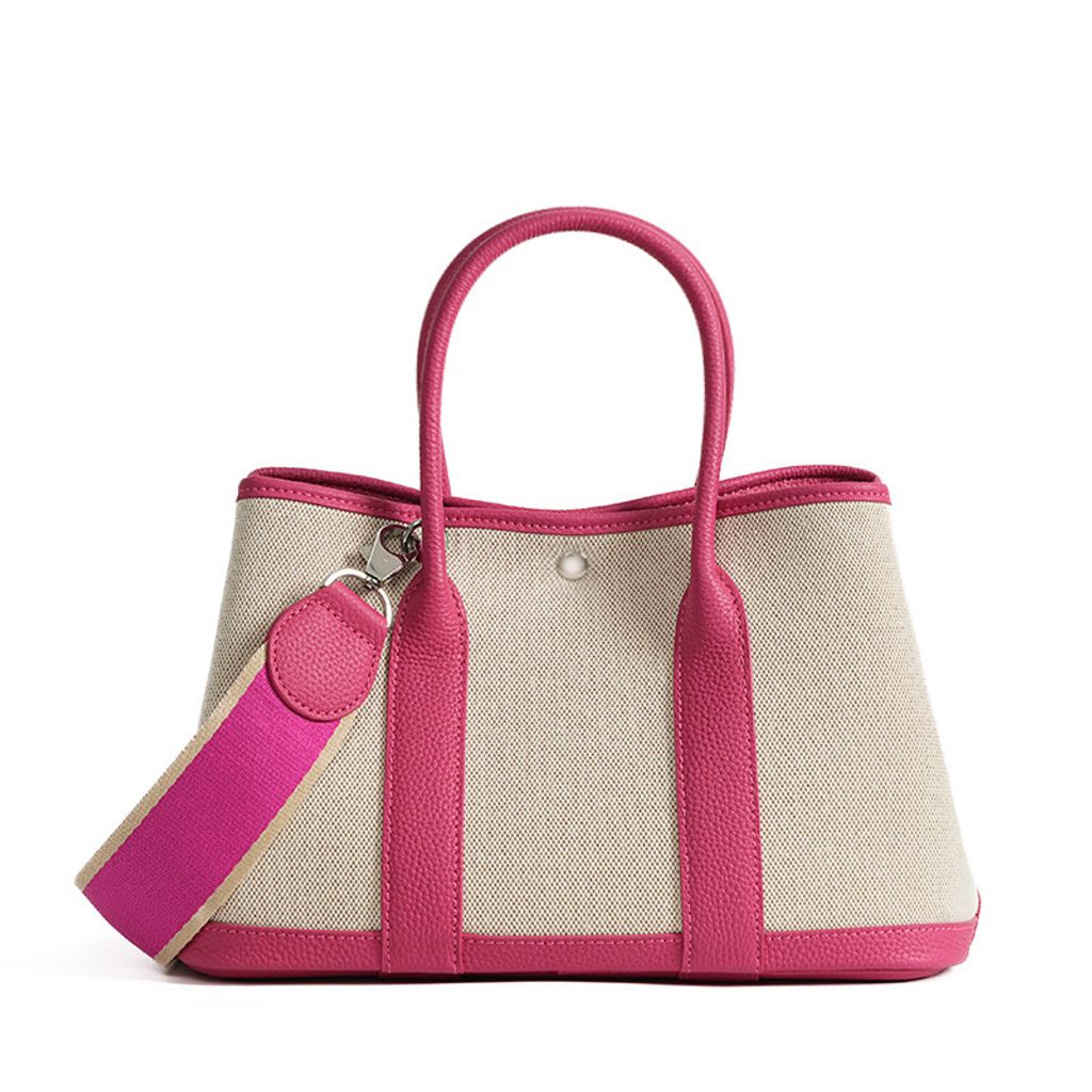 Premium Genuine Leather and Canvas Structured Tote Bag in Rose Red – 36 cm (Large Size)
