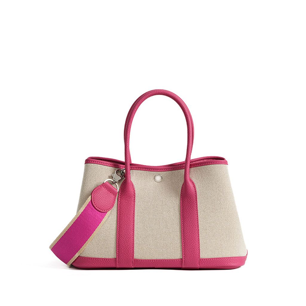 Premium Genuine Leather and Canvas Structured Tote Bag in Rose Red – 30 cm (Medium Size)