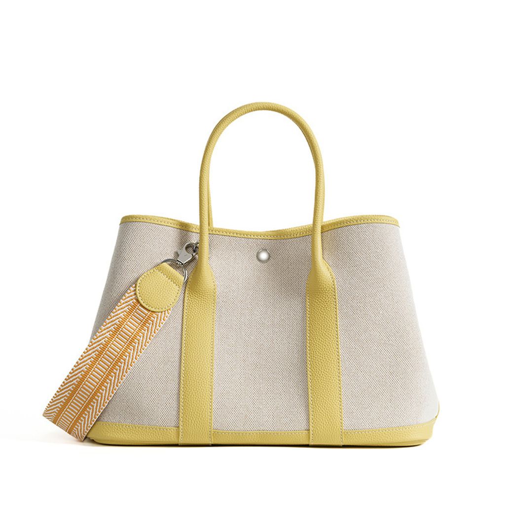 Premium Genuine Leather and Canvas Structured Tote Bag in Pastel Yellow – 36 cm (Large Size)