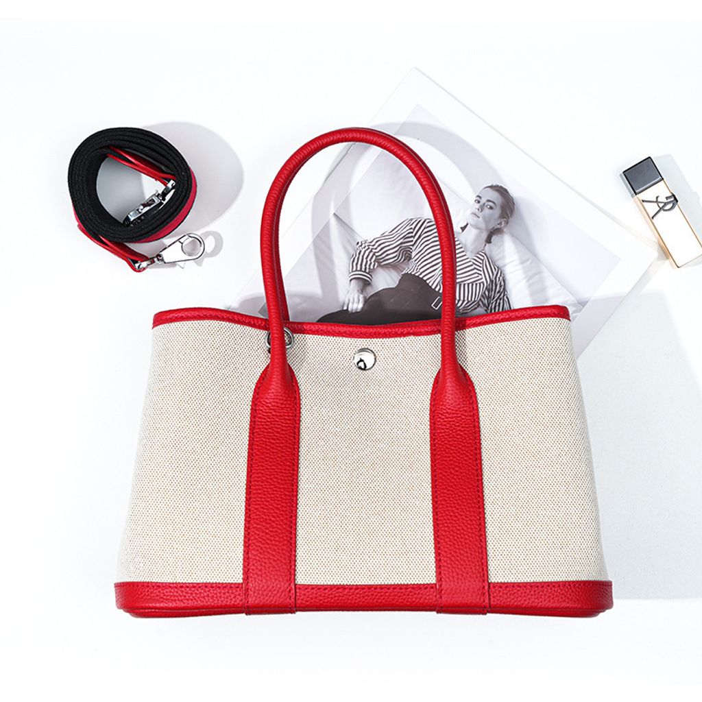 Premium Genuine Leather and Canvas Structured Tote Bag in Bright Red – 36 cm (Large Size), 30 cm (Medium Size)