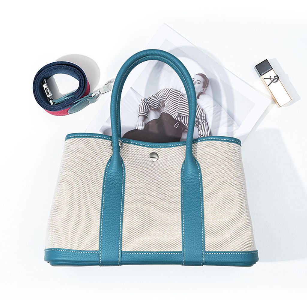 Premium Genuine Leather and Canvas Structured Tote Bag in Peacock Blue – 36 cm (Large Size), 30 cm (Medium Size)
