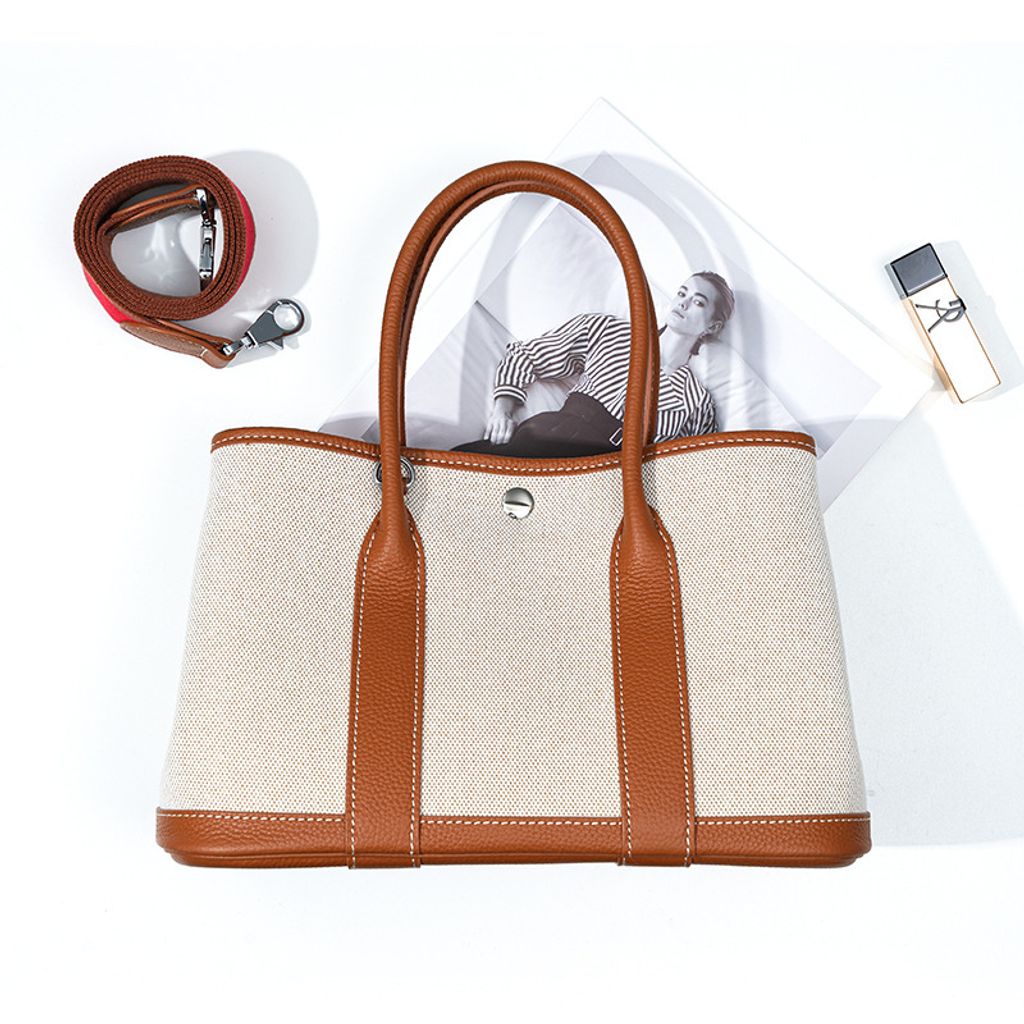 Premium Genuine Leather and Canvas Structured Tote Bag in Golden Brown – 36 cm (Large Size), 30 cm (Medium Size)