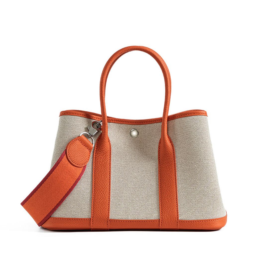 Premium Genuine Leather and Canvas Structured Tote Bag in Orange – 36 cm (Large Size)