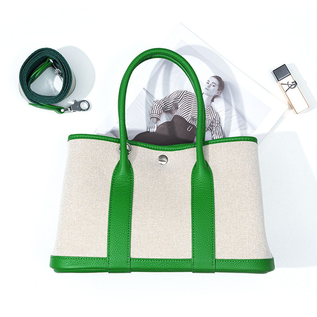 Premium Genuine Leather and Canvas Structured Tote Bag in Bamboo Green – 36 cm (Large Size), 30 cm (Medium Size)