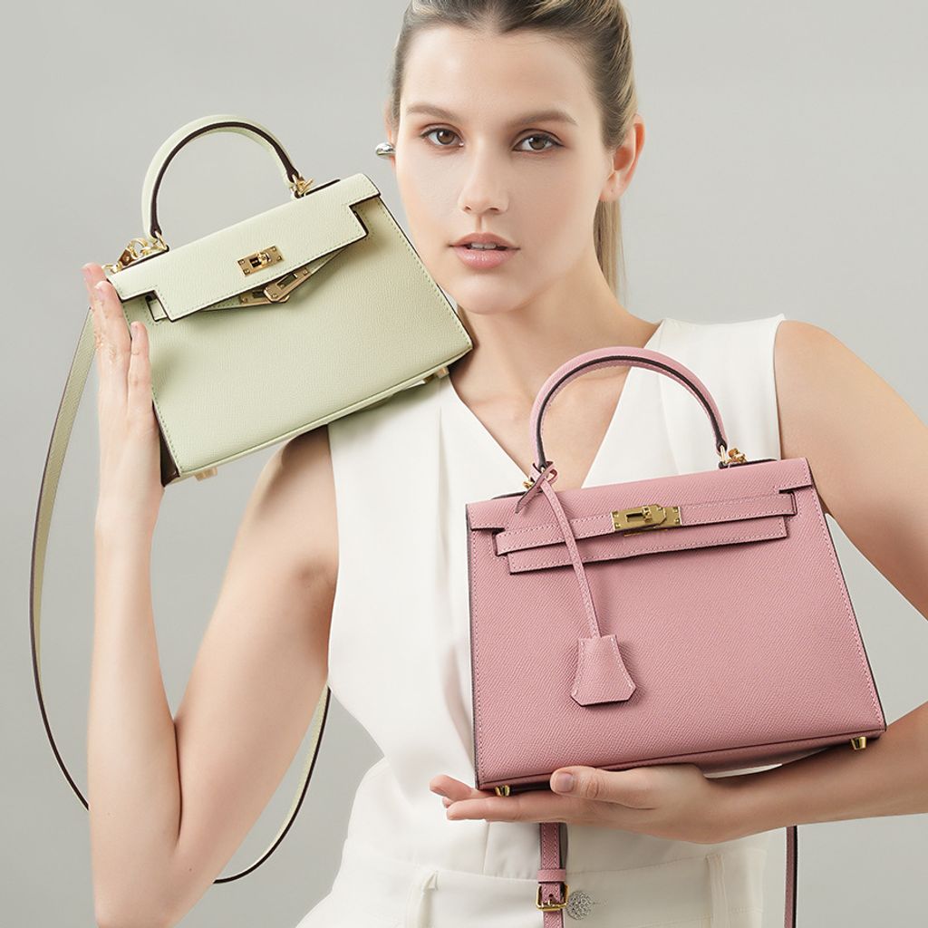 Model showcasing Premium Genuine Leather Structured Top Handle Bags in Mint Green and Sakura Pink