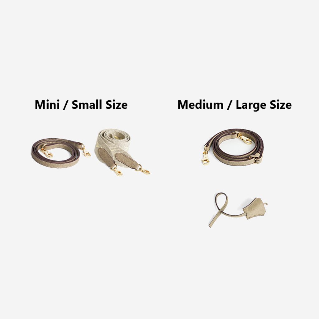 Premium Genuine Leather Structured Top Handle Bag showing strap options for Mini, Small, Medium, and Large sizes