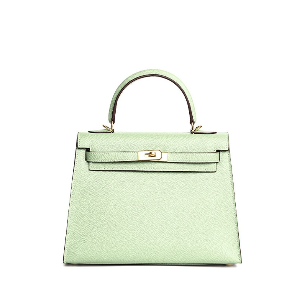 Premium Genuine Leather Structured Top Handle Bag in Mint Green