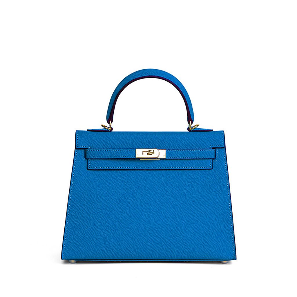 Premium Genuine Leather Structured Top Handle Bag in Aqua Blue